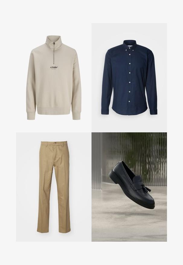 Beige neljäsosa vetoketjullinen collegepaita, jossa on pitkät hihat ja ribbireunat. Rintapuolella pieni musta "JJ Studios" -logo. Valmistettu pehmeästä materiaalista.; Tummansininen pitkähihainen paita, jossa on nappikaulus, etunapit ja pyöristetty helma. Valmistettu sileästä puuvillakankaasta.; Beige housut sileästä kankaasta. Suoranlahkeinen malli, jossa nappisulku. Varustettu vyölenkeillä ja klassisella leikkauksella monikäyttöisiin asukokonaisuuksiin.; Mustat nahkaiset loafersit, joissa on sileä pinta, pyöreä kärki ja koristeelliset tupsut edessä. Joustava kumipohja matalalla korolla.