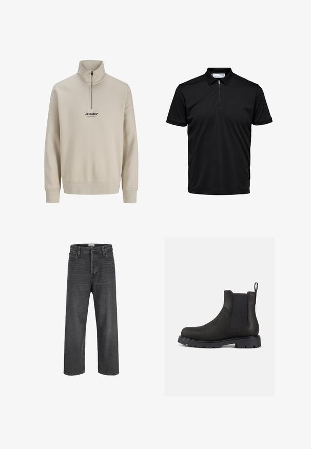 Beige kvart-zip sweatshirt med lange ærmer og ribbede manchetter. Har et lille sort "JJ Studios" logo på brystet. Lavet af blødt materiale.; Sort polo t-shirt med korte ærmer, lynlås ved kraven og strukturerede manchetter, vist på en hvid baggrund.; Sorte højtaljede jeans med lige ben, knap- og lynlås-lukning, bæltestropper samt lommer foran og bagpå.; Sorte læder Chelsea-boot med elastiske sider, trækribe og struktureret gummisål for godt greb. Slank design og understated finish.