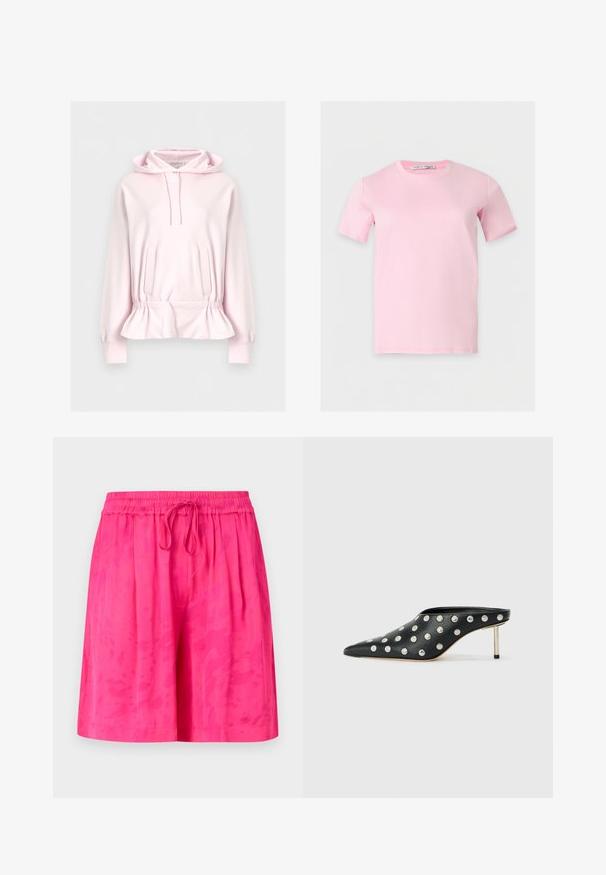 Sweat à capuche rose clair avec cordon de serrage, poches devant et ourlet élastique froncé.; T-shirt uni rose clair à manches courtes avec encolure ronde et étiquette de marque visible à l'intérieur du col.; Shorts roses avec une taille élastique et un cordon de serrage, présentant une texture lisse et un motif tie-dye subtil.; STAND STUDIO KELSEY - Mules à talons - black