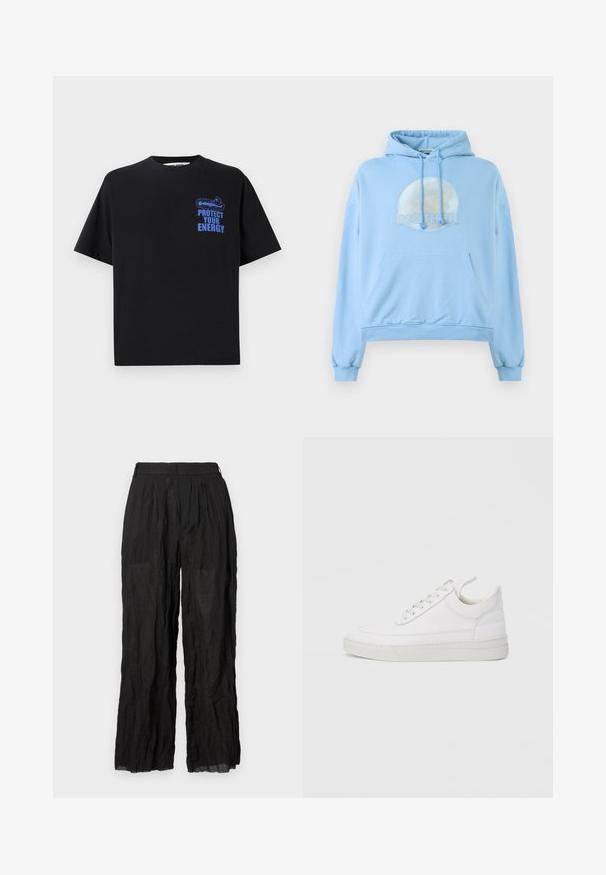Lyseblå hættebluse lavet af blødt materiale, med et cirkulært grafisk design af månen og ordet "MOR" vist fremtrædende.; Sort bomulds t-shirt med korte ærmer, der har blå tekst "BESKYT DIN ENERGI" og et grafisk design på den øverste venstre side.; Sorte linned brede bukser med en struktureret overflade. Har en elastisk talje og diskrete folder.; Hvid lædersneaker med rundet tå, flad sål og snørebånd foran. Har syningsdetaljer og polstret krave for komfort.