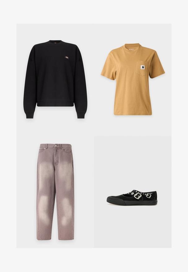 Sort langærmet crewneck-sweatshirt med ribbet manchetter og kant, med et lille farverigt logopatch på venstre bryst.; Enkelt brun kortærmet t-shirt med en brystlomme med en firkantet mærkelogo-patch, vist på en ensartet lys baggrund.; Lilla falmet denimjeans med høj talje, knaplukning og to forlommer, vist på en ensfarvet baggrund.; Vans MARY JANE - Ballerinasko - black