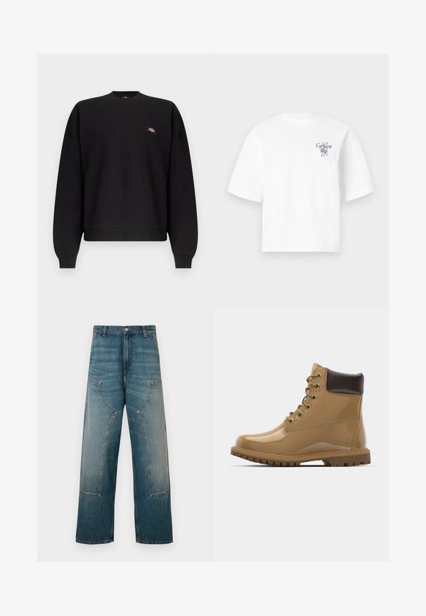 Sweatshirt noir à manches longues avec col rond, poignets et ourlet en côte, arborant un petit patch logo coloré sur la poitrine gauche.; T-shirt blanc à manches courtes, coupe ample, avec un petit logo « Carhartt Wip » en cursive sur le côté gauche de la poitrine.; Jean en denim taille haute de couleur bleu clair, avec jambes larges, surpiqûres contrastées et poches à rabat détaillées de chaque côté.; Bottines en cuir verni tan avec des accents marron, bout rond, six œillets en métal, lacets marron et semelle en caoutchouc texturée.
