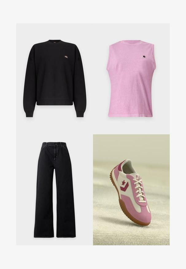 Zwarte longsleeve sweatshirt met ronde hals, geribbelde boorden en zoom, voorzien van een klein kleurrijk logoplaatje op de linkerborst.; Mouwloze lichtpaarse shirt met ronde hals en Carhartt logo op de linkerborst, weergegeven op een effen achtergrond.; Zwarte high-waist wijde jeans met knoop- en ritssluiting aan de voorkant, zichtbare witte stiksels langs naden en zakken.; Roze en witte sneaker met rubberen, gestructureerde zool. Bevat een sterlogo en contrasterende accenten. Glad bovenwerk met vetersluiting.