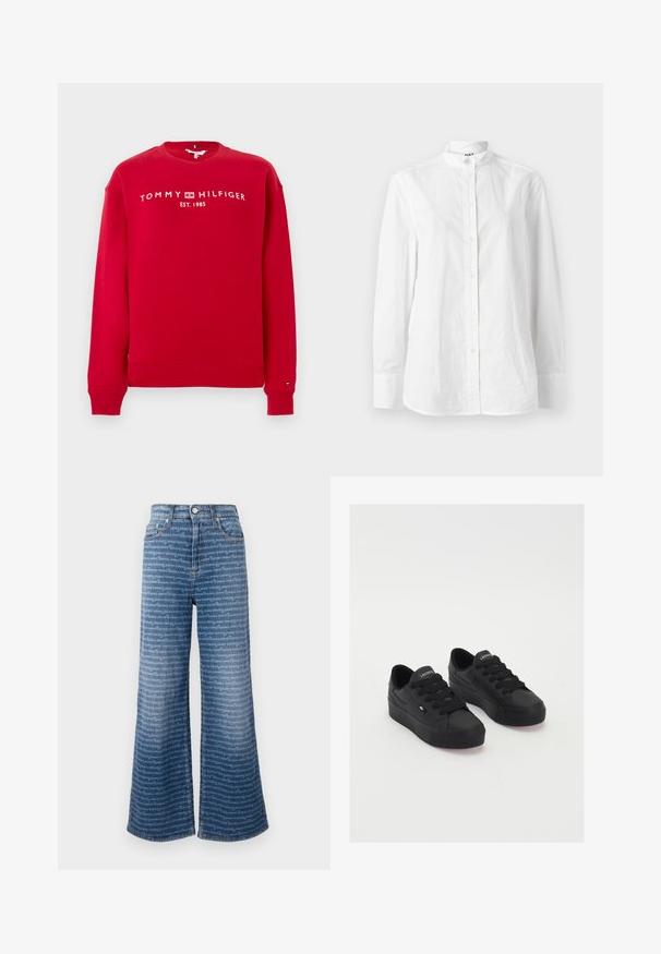 Roter Baumwoll-Sweatshirt mit langen Ärmeln, rundem Ausschnitt, gerippten Bündchen und Saum, mit dem weißen Text "TOMMY HILFIGER EST. 1985".; Weißes langärmeliges Hemd mit Stehkragen, glatter Textur und subtiler Knopfleiste mit runden Knöpfen.; Weite Jeans mit hellblauem Waschung, ausgestattet mit einem wiederholten weißen Textmuster und einem klassischen Fünf-Taschen-Design.; Schwarze Low-Top-Sneaker aus glattem Material, mit dicken Schnürsenkeln, einer strukturierten Sohle und einem kleinen Logo an der Seite und auf der Zunge.
