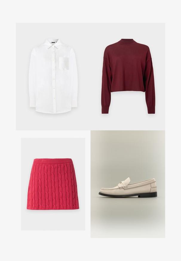 Pull-over court bordeaux à manches longues, col montant, et texture douce. Design simple sans logos ni motifs visibles.; Chemise blanche à boutons, fabriquée dans un tissu léger. Elle possède un col classique, des manches longues et une poche plaquée sur la poitrine avec une texture lisse.; Mini-jupe rouge tricotée avec motif torsadé vertical et taille et ourlet côtelés sur fond blanc.; Mocassin pour homme en cuir beige avec semelle noire et détail de sangle décorative sur fond gris clair.