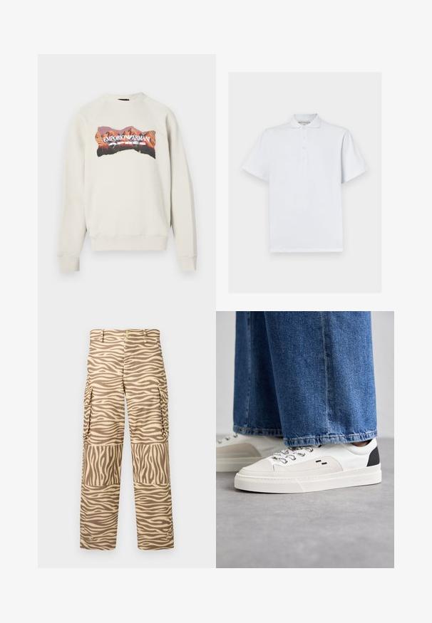 Sweat-shirt gris clair avec un col rond et des manches raglan. Présente un graphique coloré de montagne et le texte "EMPORIO ARMANI APRES".; Polo shirt blanc en coton, avec un col classique, des manches courtes et une patte de boutonnage à trois boutons. Texture lisse, sans motifs.; Pantalons cargo avec un imprimé zèbre beige et crème. Les caractéristiques incluent une jambe droite, deux poches latérales et une fermeture à bouton avec des accents métalliques.; Baskets blanches et noires avec une tige en cuir lisse, des accents texturés et une semelle épaisse blanche. Présentent un design classique à lacets.