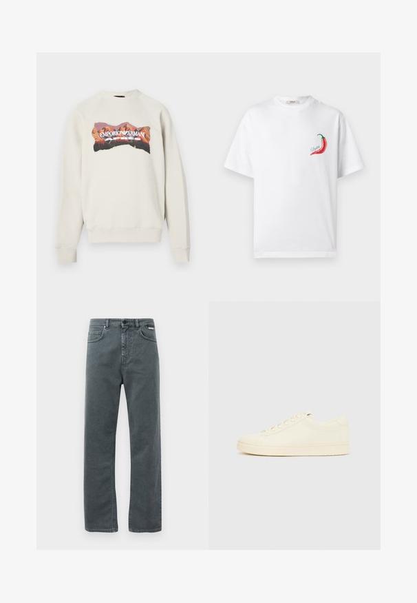Lysegrå sweatshirt med rund halsudskæring og raglanærmer. Har en farverig bjerggrafik og teksten "EMPORIO ARMANI APRES".; Hvid T-shirt med korte ærmer med et rødt chilipebergrafik og teksten "Replay" trykt på venstre brystområde.; Grå denimjeans med lige ben, fem lommer og knaplukning. Har diskret syning og et klassisk, minimalistisk design.; Sneaker i cremefarve med en glat læderoverdel, rundet tå, snørelukning foran og en tekstureret gummisål. Minimalistisk design uden logoer.