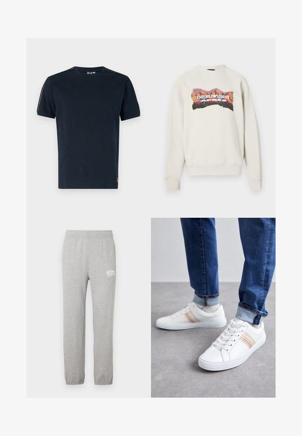 Lysegrå sweatshirt med rund halsudskæring og raglanærmer. Har en farverig bjerggrafik og teksten "EMPORIO ARMANI APRES".; Marineblå t-shirt lavet af bomuld med korte ærmer, rund halsudskæring og teksturerede skulderdetaljer. Logo nederst til venstre.; Grå bomulds sweatpants med elastisk talje og tapered ben. Har et hvidt logo på venstre lår. Glat tekstur.; Hvide lædersneakers med multicolore striber, snørebåndsdesign, gummisål og polstret krave, parret med blå denimjeans.