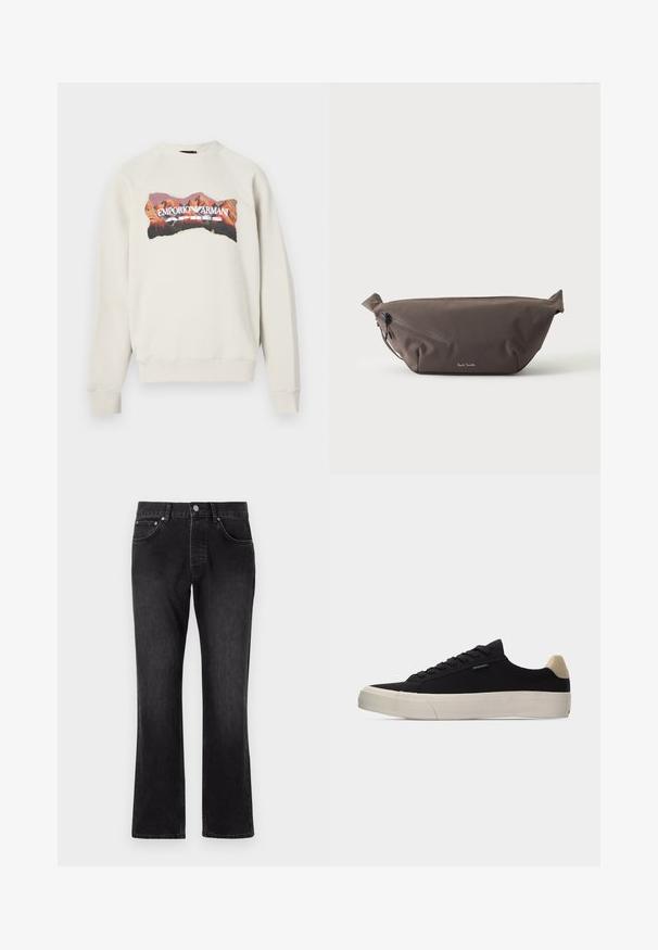 Hellgrauer Pullover mit rundem Ausschnitt und Raglanärmeln. Mit einem farbenfrohen Bergmotiv und dem Schriftzug "EMPORIO ARMANI APRES".; Schwarze Denim-Jeans mit geradem Bein, mittlerer Taillenhöhe, Fronttaschen und klassischem Knopfverschluss.; Schwarzer Low-Top-Sneaker mit beigem Fersenlasche, weißer dicker Gummisohle, schwarzen Schnürsenkeln und kleinem "PS Paul Smith"-Label an der Seite.; Dunkelbraune Stoff-Gürteltasche mit diagonalem Reißverschlussfach und kleinem weißen Logo vorne, vor einem einfarbigen hellen Hintergrund.