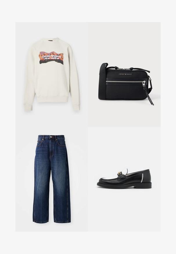 Vaaleanharmaa collegepaita pyöreällä pääntiellä ja raglan-hihansuilla. Koristeena värikäs vuoristografiikka ja teksti "EMPORIO ARMANI APRES".; Tummansiniset leveät farkut, jotka on valmistettu denimistä. Ominaisuuksiin kuuluu klassinen vyötärö, jossa on vyölenkit, etutaskut ja suora siluetti.; Musta nahkainen loaferi pyöreällä varvalla, valkoisilla yksityiskohdilla ja kultaisilla koristeilla vampissa. Siinä on teksturoitu läppä ja paksut korot.; Musta nailoninen olkalaukku hopeisilla metalliosilla, ylävetoketjulla, etutaskulla ja painetulla logolla. Säädettävä olkahihna mukana.