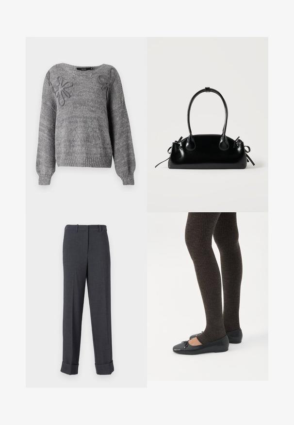 Vero Moda VMLOLLIPOP V NECK - Pullover - medium grey; Pantalons gris ajustés en tissu texturé, présentant une jambe droite, des passants de ceinture et des ourlets retroussés pour une apparence structurée.; Jambes portant des leggings côtelés foncés associés à des ballerines noires avec de petits détails en nœud sur fond blanc.; Petit sac à main noir brillant avec deux longues anses et des détails à cordon sur les côtés sur un fond clair uni.
