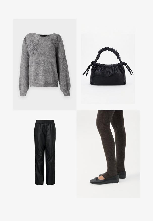 Vero Moda VMLOLLIPOP V NECK - Striktrøje - medium grey; Sorte læderbukser med elastisk talje, struktureret design, brede ben, glat tekstur samt synlige sømme og paneldetaljer.; Ben iført mørke ribbede leggings kombineret med sorte balletsko med små sløjfedetaljer på hvid baggrund.; Sort taske med krokodilletekstur, rynket øverste kant, samlet hank og snore med kvaster på hver side mod en hvid baggrund.