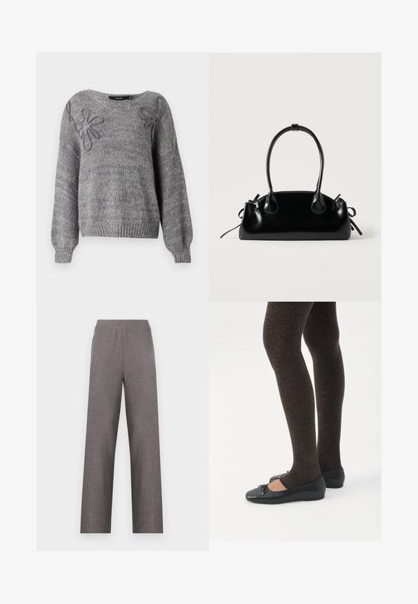 Vero Moda VMLOLLIPOP V NECK - Pulóver - medium grey; Szürke, bő szárú nadrág, texturált anyagból és gumis derekkal. A design egyszerű, egyenes vonalvezetésű, zsebek nélkül.; Sötét bordázott leggingset viselő lábak, fekete balerinacipőkkel, melyeken kis masni díszek találhatók, fehér háttér előtt.; Kicsi fekete, fényes kézitáska két hosszú fogóval és oldalsó zsinóros részletekkel, egyszínű világos háttéren.