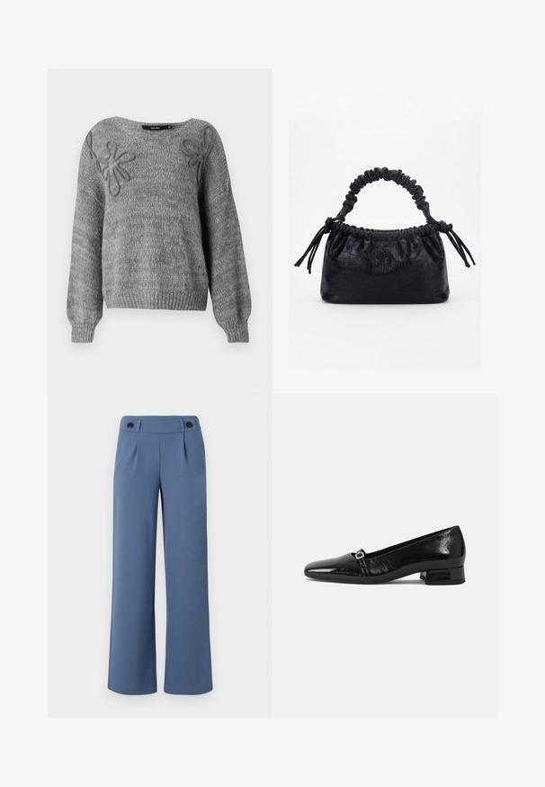 Vero Moda VMLOLLIPOP V NECK - Svetrík - medium grey; Modré široké nohavice vyrobené z hladkej tkaniny, s plochým predným dielom, dvomi skladmi a dvoma čiernymi gombíkmi na pása.; Čierne lakované baleríny s špicatou špičkou, nízkym štvorcovým podpätkom a malým kovovým sponou na remienku. Hladká textura.; Čierna kabelka s krokodíľou textúrou, riaseným horným okrajom, zhromaždenou rukoväťou a šnúrkami s strapcami na každej strane na bielom pozadí.