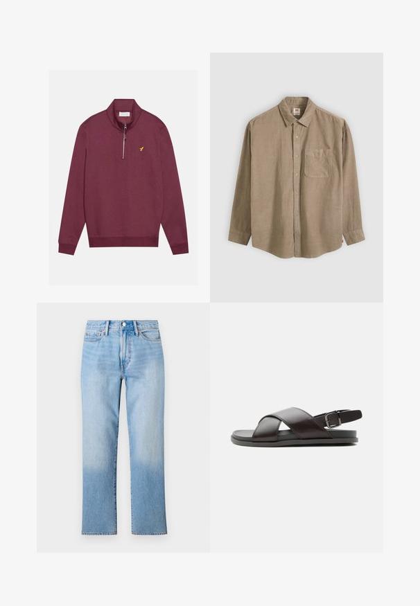Bordeaux kvart-zip sweatshirt lavet af blødt stof, med ribbet krave og manchetter, samt et lille gult logo på brystet.; Langærmet skjorte med knapper i kaki-lærred. Har en enkelt brystlomme og en klassisk krave. Tekstureret stof med en afslappet pasform.; Lys blå denim jeans med lige ben-design, der har en falmet vask, standard fem-lomme styling og en klassisk knaplukning.; Herre mørkebrun lædersandal med krydsede remme og justerbar rem med spænde ved hælen på flad sål, vist fra siden.
