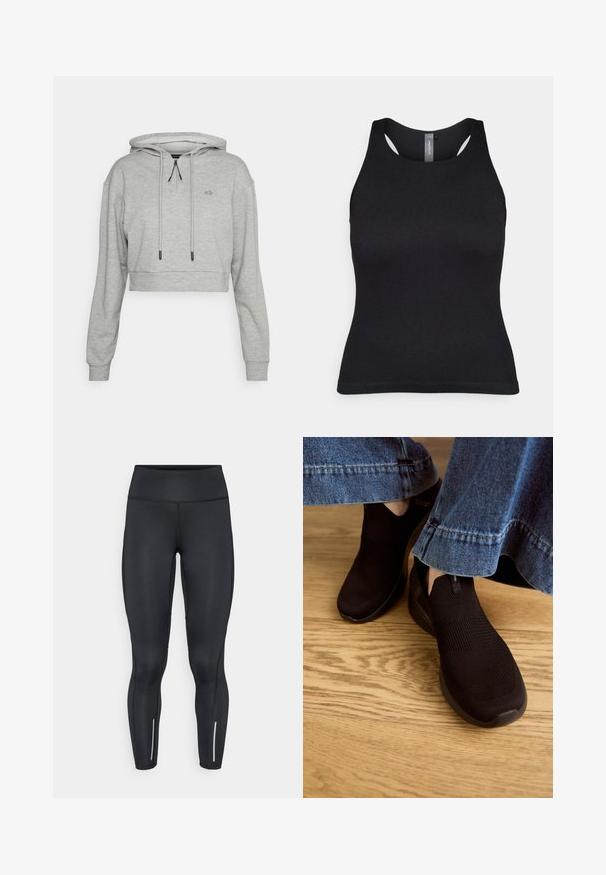 Even&Odd active Mikina s kapucňou - grey; Čierny rebrovaný tank top s priliehavým strihom, okrúhlym výstrihom a pretekárskym strihom chrbta. Vyrobený z hladkej, textúrovanej látky bez viditeľných vzorov.; Čierne legíny z elastického materiálu s vysokým pásom, obsahujúce reflexné prvky pri členkoch a hladkým povrchom.; Čierne slip-on topánky s textúrovaným pleteným zvrškom a elastickým otvorom. Zaoblený tvar špičky a nízkoprofilová polstrovaná podrážka, nosené s deninovými nohavicami.