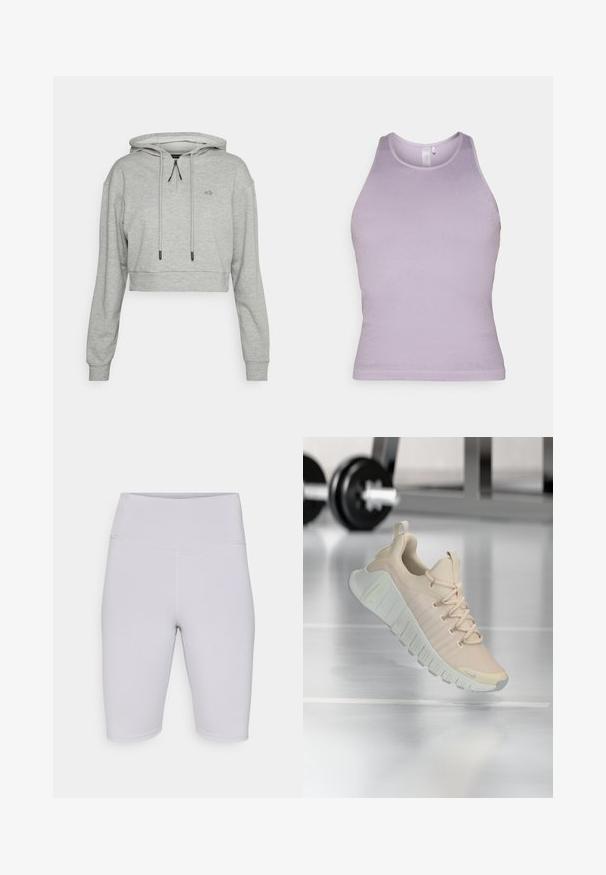 Even&Odd active by Zalando Jersey con capucha - grey; Top de tirantes color lilac con un cuello alto y una silueta ajustada. Textura suave, sin patrones o adornos visibles.; Bermudas de ciclismo gris claro, fabricadas con un tejido elástico, con una cinturilla alta y una textura suave sin patrones o acentos visibles.; Zapatilla ligera de color beige suave. Cuenta con una parte superior texturizada, cordones planos y una suela gruesa con estrías y sutiles detalles de marca.