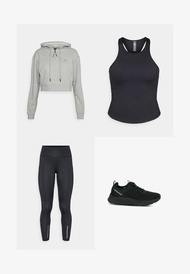 Even&Odd active Hoodie - grey; ONLY Play ONPSANA SHORT - Top - black; Zwarte leggings van rekbaar materiaal met een hoge tailleband, voorzien van reflecterende accenten bij de enkels en een gladde textuur.; Zwarte sportschoen met een textuur bovenwerk, meshpanelen en een gewatteerde zool. Voorzien van veters en een trekkraag aan de hiel voor gemakkelijk aan- en uittrekken.