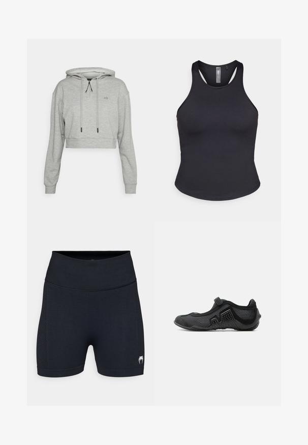Even&Odd active by Zalando Hættetrøje - grey; ONLY Play ONPSANA SHORT - Top - black; Sorte atletiske shorts med en glat stof og mesh-sidedele. Har en bred talje og et lille logo på det nederste ben.; Sort fleksibel minimalistisk sko med tekstureret sål og justerbar rem, designet til barfodsstil gang eller vandaktiviteter.