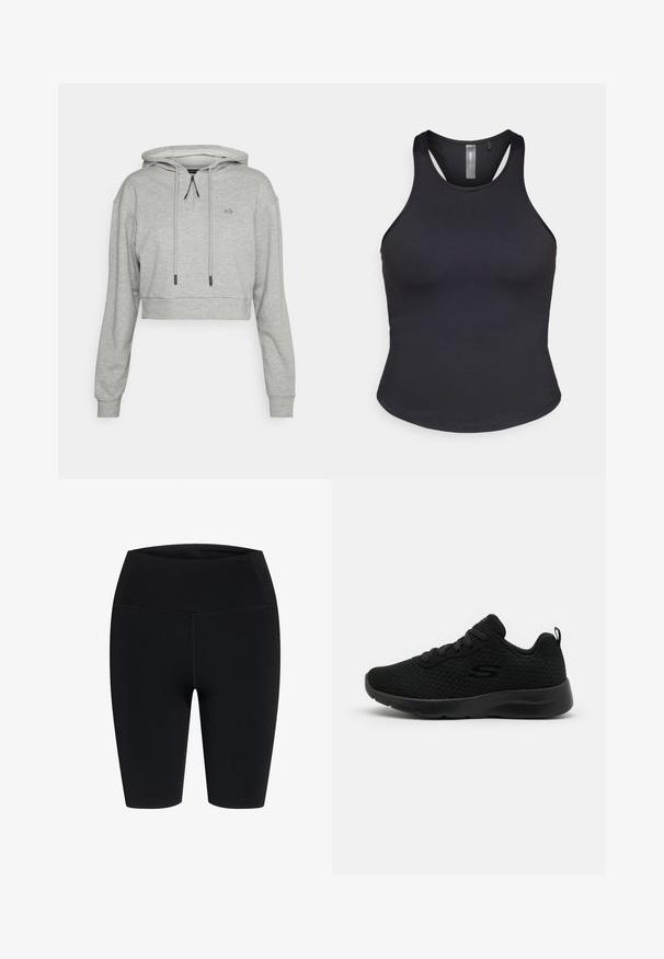 Even&Odd active by Zalando Φούτερ με κουκούλα - grey; ONLY Play ONPSANA SHORT - Μπλούζα - black; Ξεχωριστό, μαύρο, ελαστικό σορτς μήκους έως το γόνατο με επίπεδα ραφές, σχεδιασμένο για αθλητική ή καθημερινή χρήση.; Μαύρα αθλητικά παπούτσια με πλέγμα, επενδεδυμένο λαιμό, σχέδιο με κορδόνια και υφή από καουτσούκ στην σόλα. Απλή και λιτή σιλουέτα.