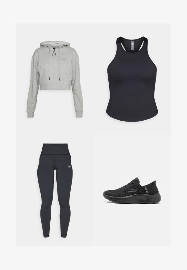 Even&Odd active by Zalando Hættetrøje - grey; ONLY Play ONPSANA SHORT - Top - black; Sorte højtaljede træningsleggings med en tætsiddende design, glat tekstur og et lille hvidt logo på venstre hofte.; Sorte mesh walking sko med et tekstureret design, snørebånd foran, polstret sål og signaturlogo detalje på siden og hælen.