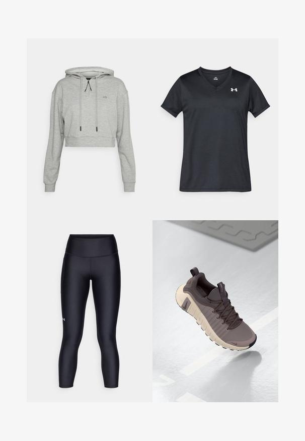 Even&Odd active by Zalando Hoodie - grey; Zwart T-shirt met V-hals van glad, lichtgewicht materiaal. Heeft korte mouwen en een klein wit logo op de bovenste linkerborst.; Zwarte leggings van glad, rekbaar materiaal. Hoog ingezette taille met een nauwsluitende pasvorm en een klein logo op het linkerpedaal.; Nike Free sneakers in grijs en beige, met een getextureerde bovenkant, flexibele zool, vetersysteem en een lus aan de hiel voor gemakkelijk aantrekken.