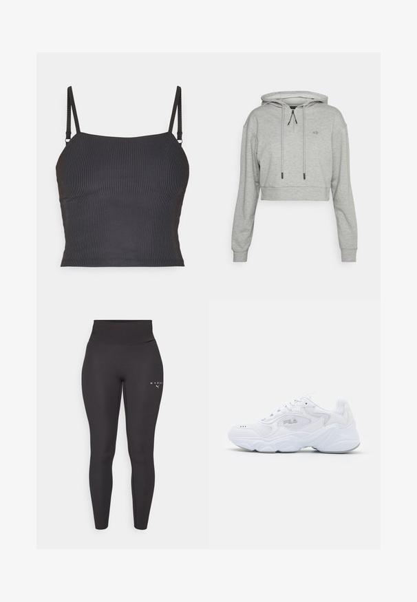 Even&Odd active by Zalando Sweat à capuche - grey; Camisole noire côtelée avec des bretelles fines et réglables et un design ajusté, présentant une texture lisse et un décolleté droit.; Leggings de sport noirs en matériau extensible, avec une taille haute et un logo discret sur la jambe gauche. Texture lisse.; Baskets blanches avec une tige en mesh texturé, un col rembourré et une semelle épaisse. Présente un logo sur le côté et un système de laçage.
