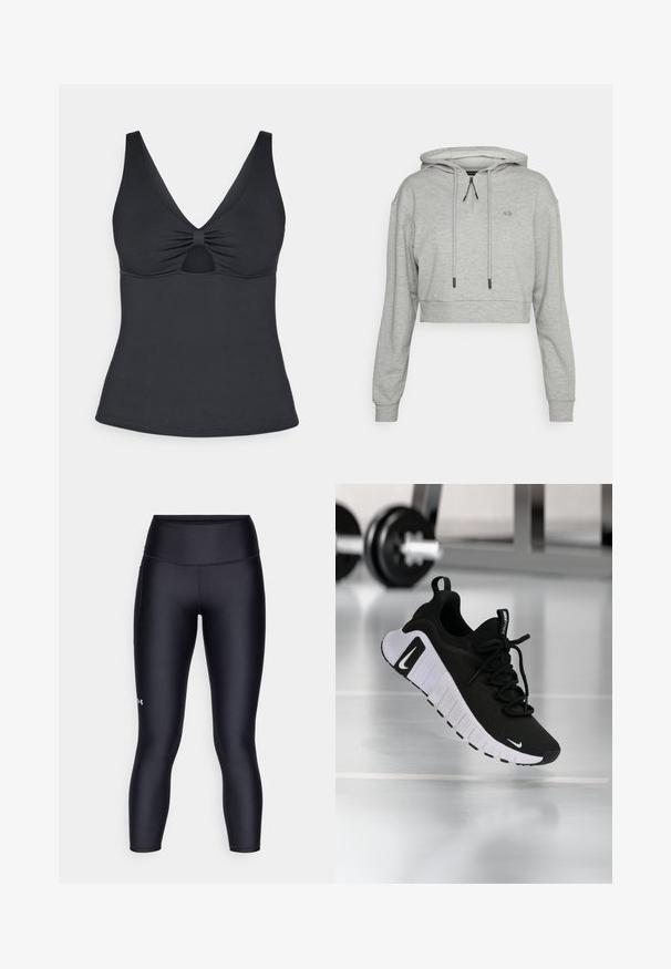 Even&Odd active by Zalando Φούτερ με κουκούλα - grey; Μαύρη μπλούζα χωρίς μανίκια με βαθύ V-λαιμόκοψη, συγκεντρωμένη λεπτομέρεια στο κέντρο και άνοιγμα σε σχήμα κλειδώματος από κάτω. Λείο ύφασμα και εφαρμοστή σχεδίαση.; Μαύρες κολάν από λεία, ελαστική ύλη. Υψηλή μέση με εφαρμοστό σχέδιο και μικρό λογότυπο στο αριστερό πόδι.; Μαύρο αθλητικό παπούτσι με υφαντό υλικό στο επάνω μέρος, λευκή σόλα και εντυπωσιακό σύστημα κορδονιών. Διαθέτει λογότυπο Nike και μαλακό, άνετο σχεδιασμό.