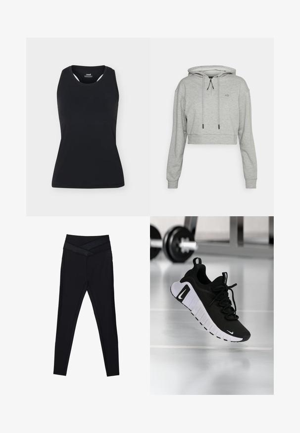 Even&Odd active Sweat à capuche - grey; Débardeur de sport noir sans manches avec encolure ronde et dos nageur, présenté sur un fond uni clair.; Leggings noirs taille haute avec une large ceinture croisée et une coupe ajustée au niveau des jambes sur un fond blanc.; Chaussure de sport noire avec une tige en tissu texturé, une semelle blanche et un système de laçage prononcé. Présente un logo Nike et un design doux et rembourré.