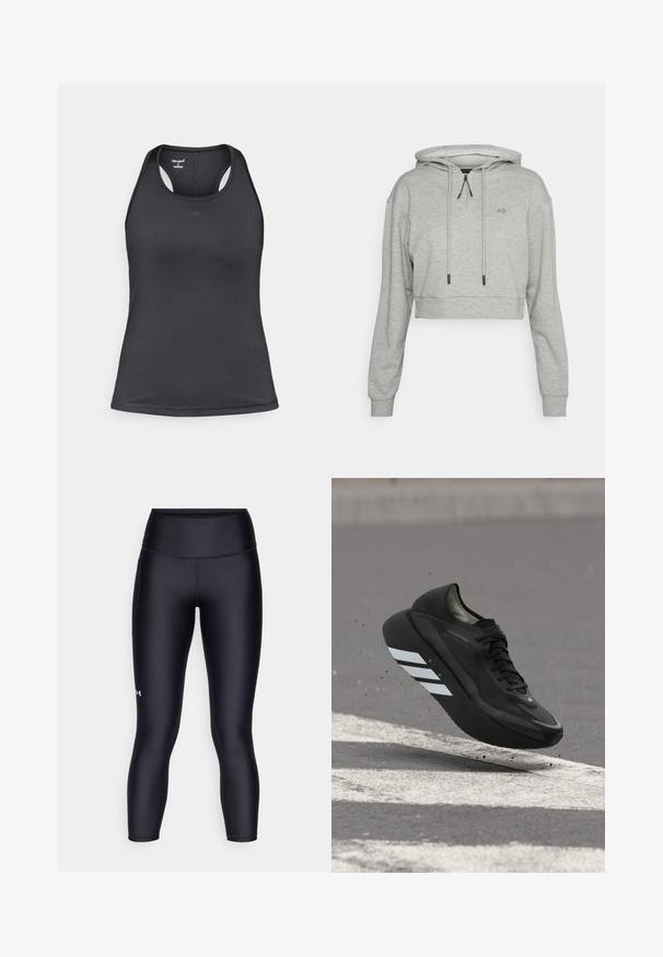 Even&Odd active by Zalando Φούτερ με κουκούλα - grey; Μαύρο αθλητικό αμάνικο τοπ με σχέδιο racerback, κατασκευασμένο από λείο, ελαστικό ύφασμα με ελάχιστες ραφές και λεπτομέρεια λογότυπου στο μπροστινό μέρος.; Μαύρες κολάν από λεία, ελαστική ύλη. Υψηλή μέση με εφαρμοστό σχέδιο και μικρό λογότυπο στο αριστερό πόδι.; Μαύρο αθλητικό παπούτσι με λευκές ρίγες στη σόλα, αιωρούμενο πάνω από άσφαλτο με λευκές οδικές σημάνσεις, σηκώνοντας μικρά θραύσματα.