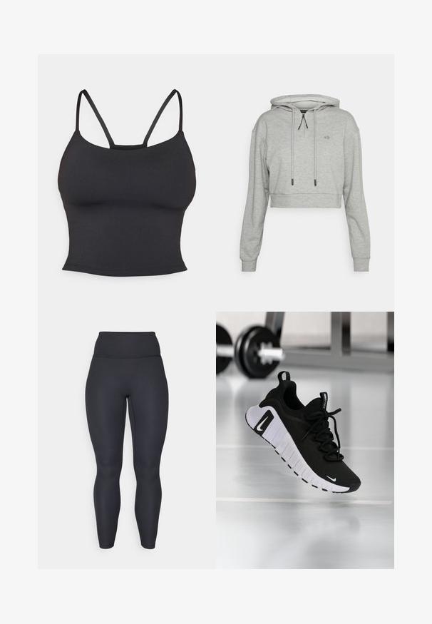 Even&Odd active by Zalando Hættetrøje - grey; Sort tætsiddende camisole lavet af glat stof, med tynde stropper og rund halsudskæring, uden yderligere mønstre eller accenter.; Høj taljede sorte ribbede leggings med en tætsiddende design, glat tekstur og fuldlængde pasform. Har en bred talje for støtte.; Sort atletiksko med en tekstureret stofoverdel, hvid sål og fremtrædende snøresystem. Indeholder en Nike-logo og et blødt, polstret design.
