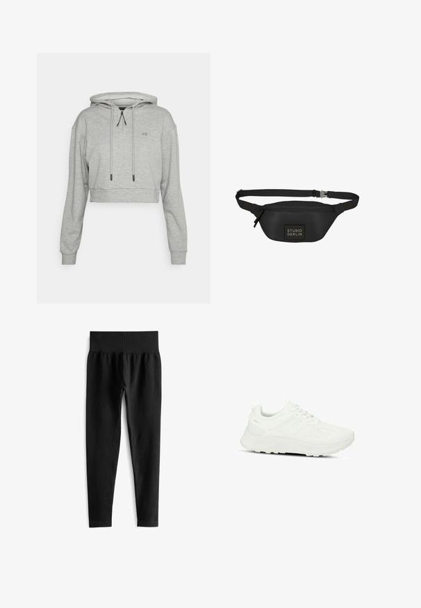 Even&Odd active by Zalando Hættetrøje - grey; Sorte ribbede leggings med en bred elastisk talje, der har en tætsiddende silhuet og en glat tekstur. Ingen synlig hardware eller mønstre.; Hvide atletiske sko med en tekstureret overdel og mesh-paneler, snørebåndsdesign, polstret sål og diskret logo på hælen.; Sort bæltetaske lavet af glat, vandafvisende materiale, med en rektangulær form, justerbar rem og en frontlogo-patch.