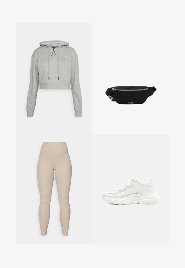 Even&Odd active by Zalando Jersey con capucha - grey; Mallas de cintura alta en color beige con textura acanalada, con una cinturilla suave y piernas ajustadas, diseñadas para comodidad y flexibilidad.; Zapatilla deportiva blanca y robusta con suela gruesa, cierre de cordones en la parte frontal y parte superior sintética lisa con detalles de costuras sutiles.; Riñonera de tela negra con cremallera plateada y correa ajustable, con pequeño logo blanco "Bimba y Lola" en el frente.