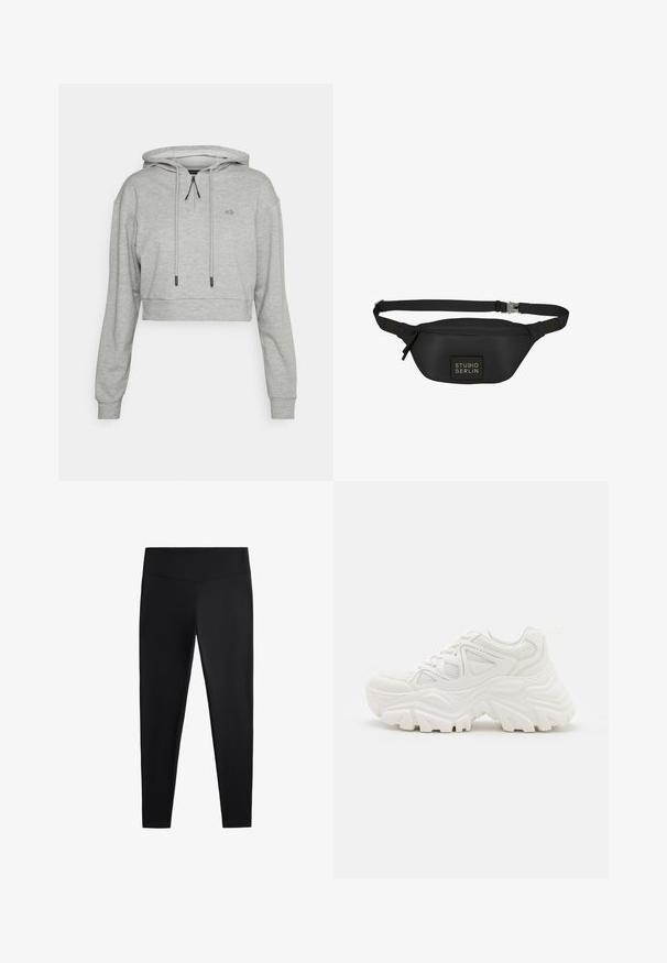 Even&Odd active Hoodie - grey; Zwarte leggings van gladde, rekbare stof. Voorzien van een brede tailleband en een taps toelopend pootdesign, geschikt voor actieve of casual kleding.; Witte chunky sneakers met een textuur bovenwerk, meshpanelen en dikke rubberen zolen met een uitgesproken profiel. Inclusief veters en een aantreklip.; Zwarte heuptas van soepel, waterafstotend materiaal, met een rechthoekig lichaam, verstelbare schouderband en een logo-opdruk aan de voorkant.