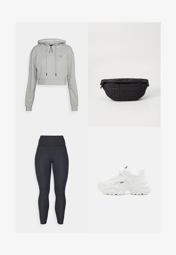 Even&Odd active Huppari - grey; Mustat korkeavyötäröiset ribbileggingsit, joissa on tiukka muotoilu, sileä rakenne ja täyspitkä malli. Ominaisuudet include leveä vyötärönauha tuen takaamiseksi.; Valkoiset paksut lenkkarit, joissa on sileä nahkapäällinen, pyöreä kärki ja paksu teksturoitu pohja, jossa on näkyvä tuotemerkin logo sivussa.; Mustat lämmitetyt pussit, joissa on pehmeä, pehmustettu pinta ja kulmikas timanttikuvio, kaareva siluetti ja vetoketjukiinnitys.