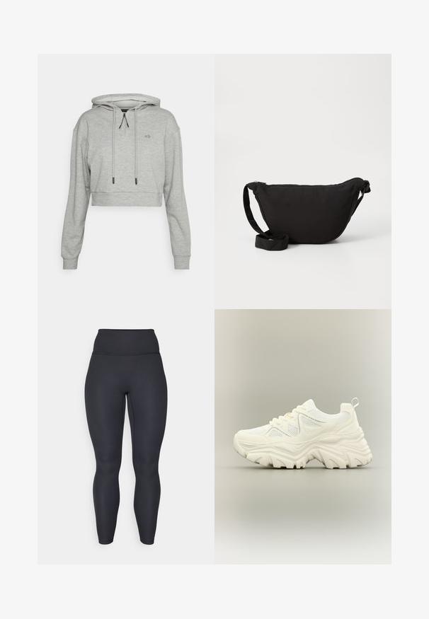 Even&Odd active Jersey con capucha - grey; Leggings negros de canalé de cintura alta con un diseño ajustado, textura suave y ajuste de longitud completa. Cuenta con una cinturilla ancha para mayor soporte.; Zapatilla blanca gruesa con suela gruesa y texturizada, paneles de malla, cierre de cordones en la parte delantera y tira en el talón sobre un fondo neutro.; Bolso hobo negro de tela suave, con forma curva, cierre de cremallera y una amplia correa ajustable. Textura suave sin patrones.