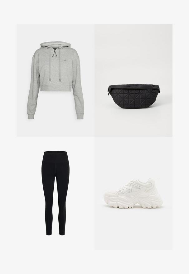 Even&Odd active Mikina s kapucňou - grey; Girlfriend Collective FLOAT HIGH RISE LEGGING 7/8 - Legíny - black; Biele robustné tenisky s textúrovaným zvrškom, sieťovinovými panelmi a hrubými gumovými podrážkami s výrazným vzorom. Šnúrky a pútko na vytiahnutie sú súčasťou.; Čierna prešívaná taška s mäkkou, vypolstrovanou textúrou a ostrým diamantovým vzorom, s zakriveným siluetom a zipsom.