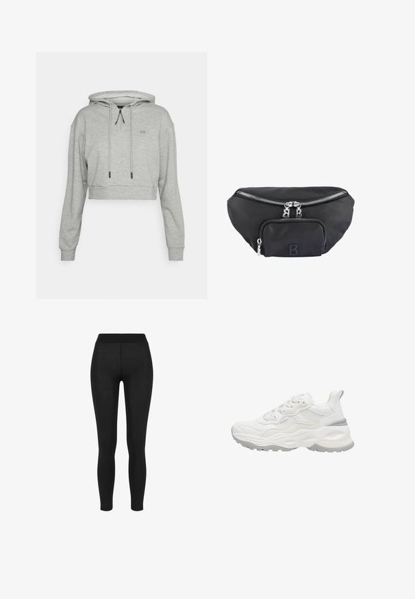 Even&Odd active by Zalando Jersey con capucha - grey; Leggings negros con una tela suave, cintura alta, diseño ajustado y sin costuras visibles, adecuados para uso casual o deportivo.; Zapatilla deportiva blanca y gruesa con suela texturizada, parte superior de malla y cuero, cierre de cordones y lengüeta en el talón sobre un fondo blanco.; Riñonera de nailon negra con un compartimento principal con cremallera y un bolsillo delantero, con cremalleras plateadas y un logotipo en relieve de la letra "B".