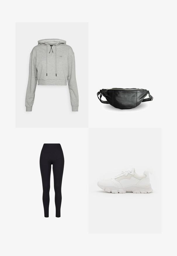 Even&Odd active Hættetrøje - grey; Sorte højtaljerede leggings, lavet af strækbart stof, med en glat tekstur og en tætsiddende design uden synlige sømme eller mønstre.; NA-KD CONTRAST SOLE TREKKING - Sneakers - white; Still Nordic BASIC - Bæltetasker - black