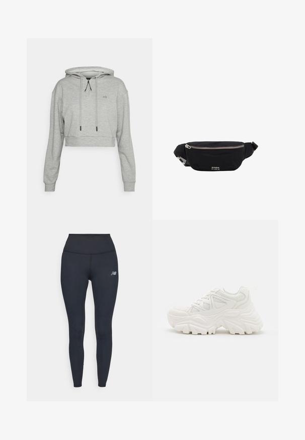 Even&Odd active Kapuutsiga pusa - grey; Mustad kõrge vöökohaga legginsid, mis on valmistatud venivast materjalist, omavad sujuvat disaini ja väikest peegeldavat logo reie kohal.; Valged jämedad sneakers, millel on tekstureeritud ülemine osa, võrgusilma paneelid ja paksud kummist tallad, millel on silmapaistev mustrimuster. Paelad ja tõmbeosa on kaasa arvatud.; Mustast kangast vöökott hõbedase tõmblukuga ja reguleeritava rihmaga, mille esiküljel on väike valge "Bimba y Lola" logo.