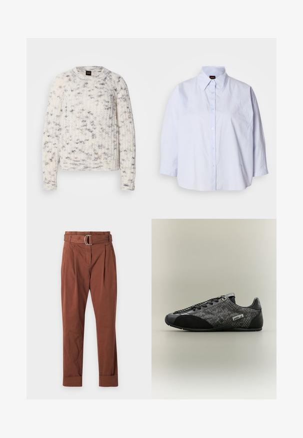 Pull tricoté blanc et gris avec un motif texturé, col rond, manches longues et coupe décontractée. Étiquette de la marque visible au niveau du col.; Chemise bleu clair à col avec un devant boutonné, manches raglan et un tissu lisse résistant aux plis. Présente une broderie discrète sur l'ourlet.; Pantalones en coton marron avec une ceinture, dotés d'une boucle en métal, d'un devant plissé et de poignets retroussés. Texture lisse et coupe droite.; Baskets noires et grises à profil bas avec motif texturé, bout et talon noirs, lacets noirs et petite étiquette de marque sur le côté.