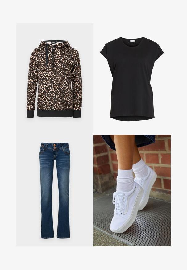 Hoodie med leopardmønster i blødt stof, med sort kontrastkant og snoretræk. Løs pasform med lange ærmer.; Sort kortærmet afslappet t-shirt med opkrøjede ærmer og rund halsudskæring fra mærket VILA.; Mørkeblå bootcut jeans med to frontknapper, fem lommer og subtil falmning på lår og knæ.; Hvide lærreds sneakers med gummisåler, der har seks snørehuller, rund tå og let sømdetaljer, krydret med hvide ankelstrømper.
