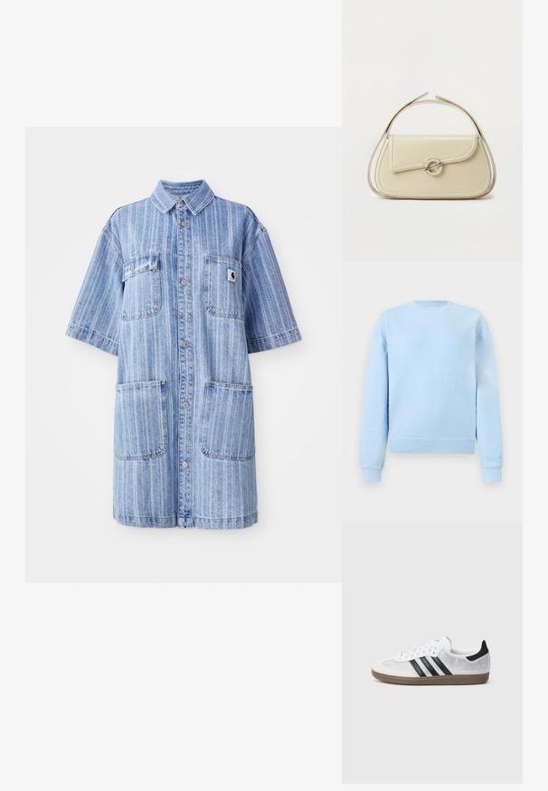 Sudadera celeste de cuello redondo con mangas largas, puños y dobladillo acanalados, exhibida sobre un fondo blanco liso.; Vestido de camisa de denim en azul claro con rayas verticales, mangas cortas, dos bolsillos en el pecho y un pequeño parche con el logo. Cierre de botones en la parte delantera.; Zapatilla blanca de malla con rayas negras, puntera y detalle en el talón de ante beige, suela de goma texturizada y cordones blancos. Diseño clásico de corte bajo.; Bolso de mano de cuero beige con solapa curva, cierre circular plateado y asa corta superior sobre un fondo blanco liso.