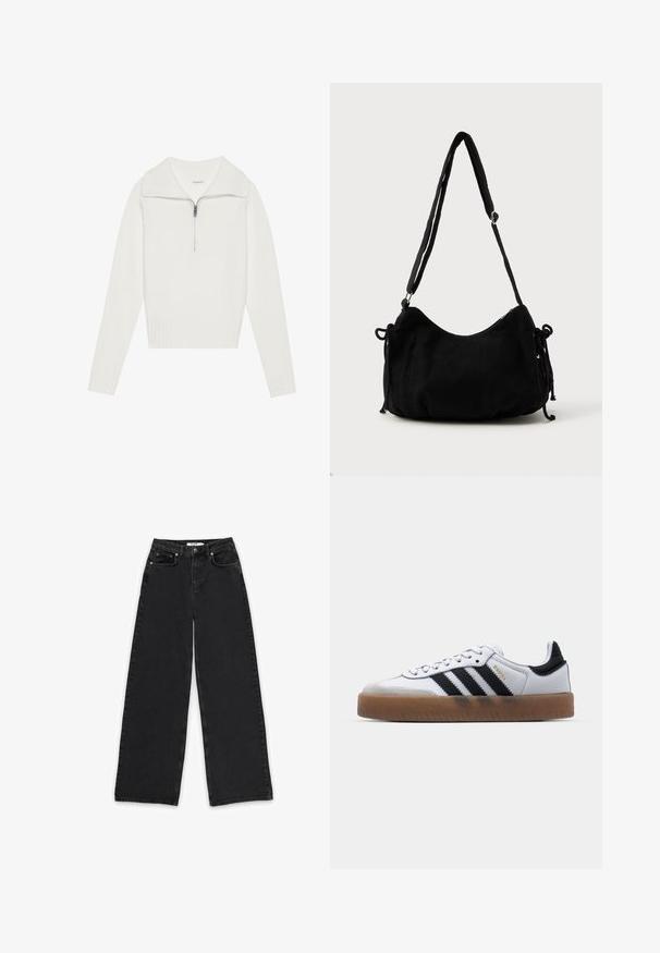 Witte ribgebreide langemouwen trui met een brede kraag en een halflange rits aan de voorkant.; Zwarte wijde denim-jeans met een hoge taille, twee voorzakken en een knoopsluiting met een rits.; Witte leren sneakers met zwarte strepen, gumrubberen buitenzool, ronde neus, vetersluiting en een zachte grijze suède neuskap.; Zwarte corduroy schoudertas met een gebogen vorm, een verstelbare schouderband en trekkoordsluitingen aan beide zijkanten voor maataanpassing.