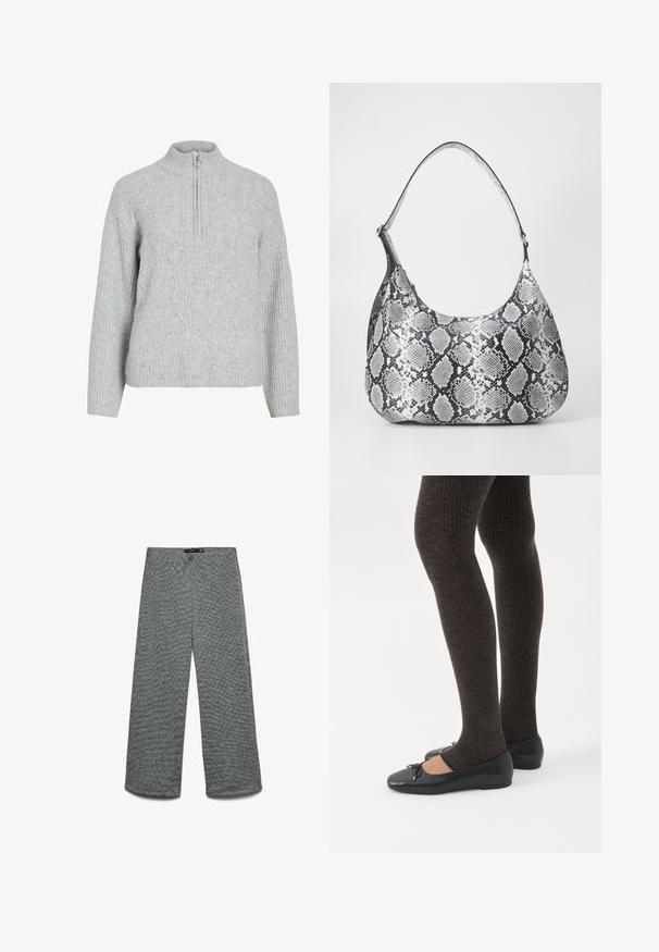 Pull gris à col zippé en tissu tricoté, présentant un motif de câble texturé, des manches côtelées et un col haut.; Pantalon à jambes larges en tissu tricoté gris texturé. Doté d'une taille haute et de jambes droites, offrant une coupe décontractée.; Jambes portant des leggings côtelés foncés associés à des ballerines noires avec de petits détails en nœud sur fond blanc.; Sac à épaule en simili cuir noir et blanc avec imprimé serpent, de forme arrondie, texture lisse et bandoulière incurvée. Présente un accent en matériel argenté.