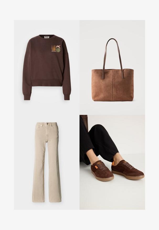 Bruine cropped sweatshirt met een ronde hals. Heeft een grafisch ontwerp met een ster, planten en verticale lijnen in zachte kleuren.; Beige jeans met hoge taille, voorste knoop- en ritssluiting, vijf zakken en een licht uitlopende pijp, afgebeeld op een effen achtergrond.; Bruine suède sneakers met een ronde neus, textuur bovenkant en oranje accenten. Voorzien van platte veters en een rubberen zool.; Bruine suède schoudertas met twee lange leren schouderbanden, eenvoudig ontwerp en zichtbare centrale stiksels op een lichte achtergrond.
