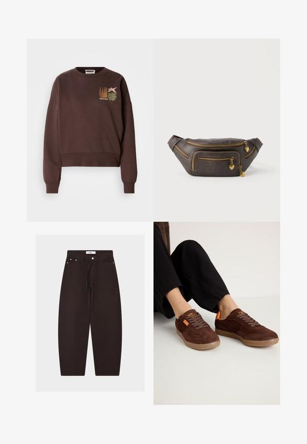 Brun cropped sweatshirt med rund halsudskæring. Indeholder et grafisk design med en stjerne, planter og lodrette linjer i afdæmpede farver.; Sorte bukser med vide ben, frontknap, bæltestropper, snøre i taljen og forlommer, vist på ensfarvet baggrund.; Brune ruskinds sneakers med rund tå, tekstureret overdel og orange detaljer. Har flade snørebånd og en gummisål.; Mørkebrun læder bumbag med flere gyldne lynlåse, hver med en lille hjerteformet charm-vedhæng.