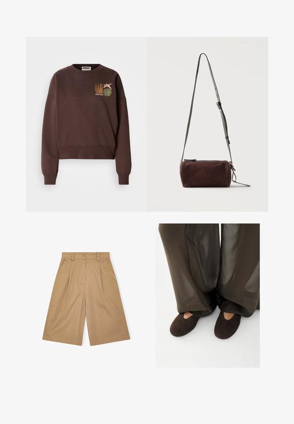 Braunes kurzes Sweatshirt mit Rundhalsausschnitt. Mit einem grafischen Design, das einen Stern, Pflanzen und vertikale Linien in gedämpften Farben zeigt.; Beige Baumwollshorts mit lockerer Passform, ausgestattet mit Falten, Knopfverschluss und Seitentaschen. Sanfte Textur und knielanges Design.; Person, die dunkelbraune Wildlederschlappen mit einer kleinen Aussparung trägt, kombiniert mit weiten, halbtransparenten dunkelbraunen Hosen, die die Knöchel bedecken.; Dunkelbraune Wildleder-Zylinder-Umhängetasche mit verstellbarem dünnen Lederband und oberem Reißverschluss.