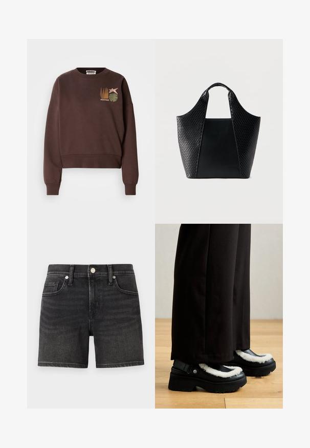 Brun cropped sweatshirt med rund halsudskæring. Indeholder et grafisk design med en stjerne, planter og lodrette linjer i afdæmpede farver.; Sorte denimshorts med et klassisk femlomme-design, der har en frontknaplukning og let falmning for tekstur.; Sorte platform sko har en hvid pelskant, rund tå og en rem med en metalknap. Båret med sorte bukser på et trægulv.; Sort taske med glatte og vævede læderpaneler, korte håndtag og bred, rektangulær bund, vist mod en ensartet lys baggrund.
