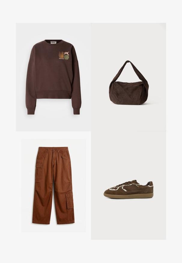 Sweat-shirt court marron avec un col rond. Présente un motif graphique comprenant une étoile, des plantes et des lignes verticales dans des couleurs atténuées.; Pantalon cargo marron à jambes droites avec fermeture à bouton, poches latérales à rabat et poches avant en biais, étalé à plat sur une surface blanche.; Baskets en daim marron avec surpiqûres décoratives blanches, semelle en caoutchouc plate et fermeture à lacets, présentées de profil sur fond uni.; Sac à bandoulière en daim brun foncé souple avec une large sangle et une forme rectangulaire arrondie et décontractée sur un fond clair uni.
